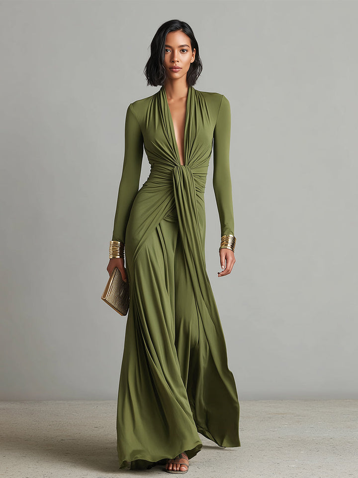 V-neck silk maxi dress, elegant women's summer dress, side view, image 4 of 6