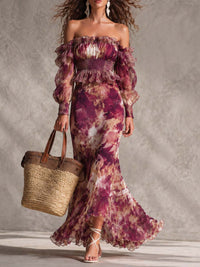 Rózsaszín Chiffon Maxi Ruha Virágokkal, Vállnélküli
