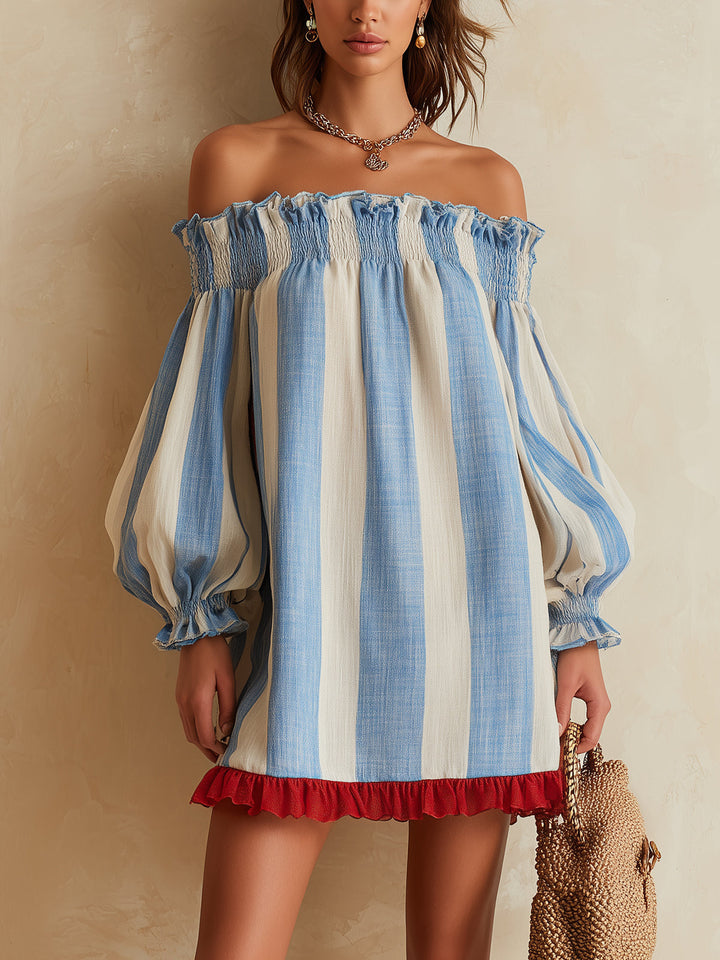 Kék és fehér csíkos mini ruha off-the-shoulder kivágással és kontrasztos szegéllyel - Image 1