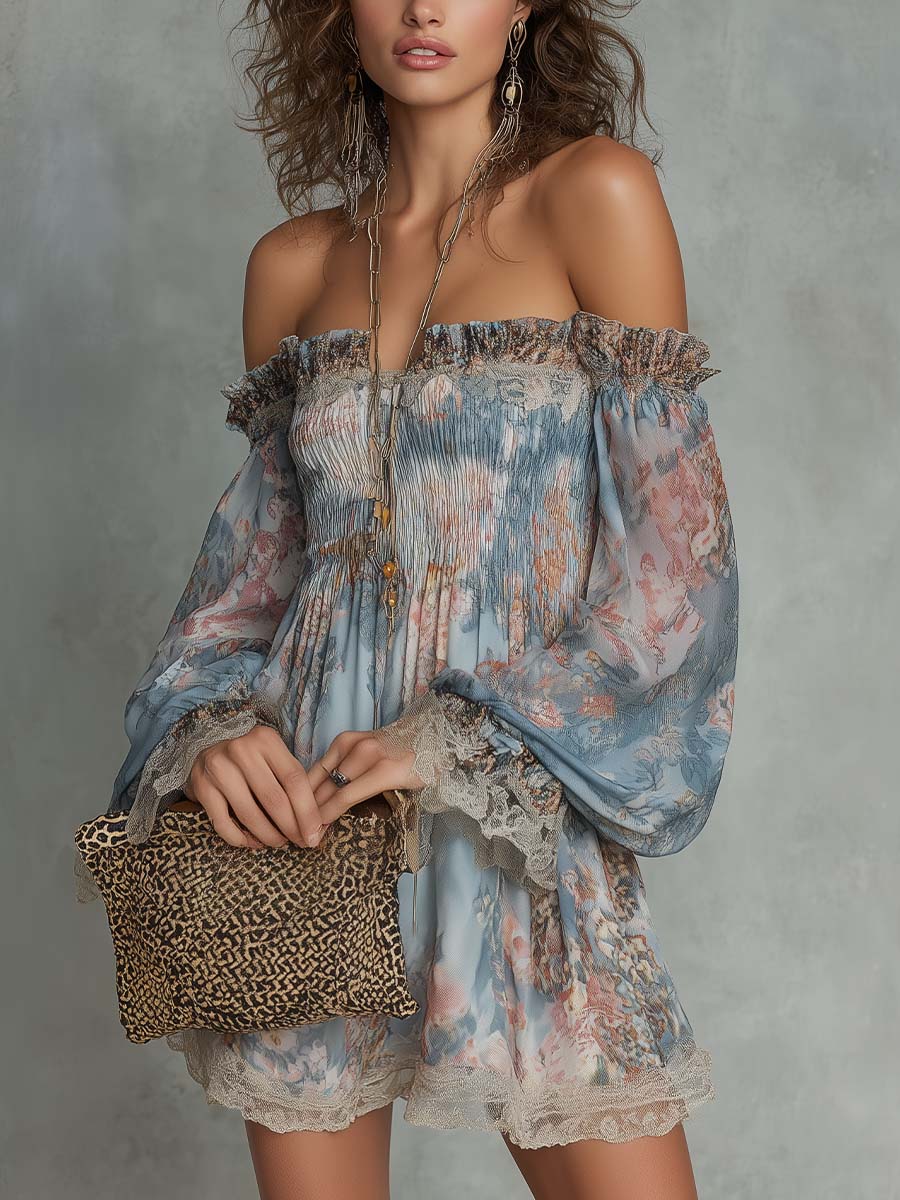 Mini Chiffon Ruched Ruha Lezser Vállakkal és Romantikus Virágokkal - Image 1