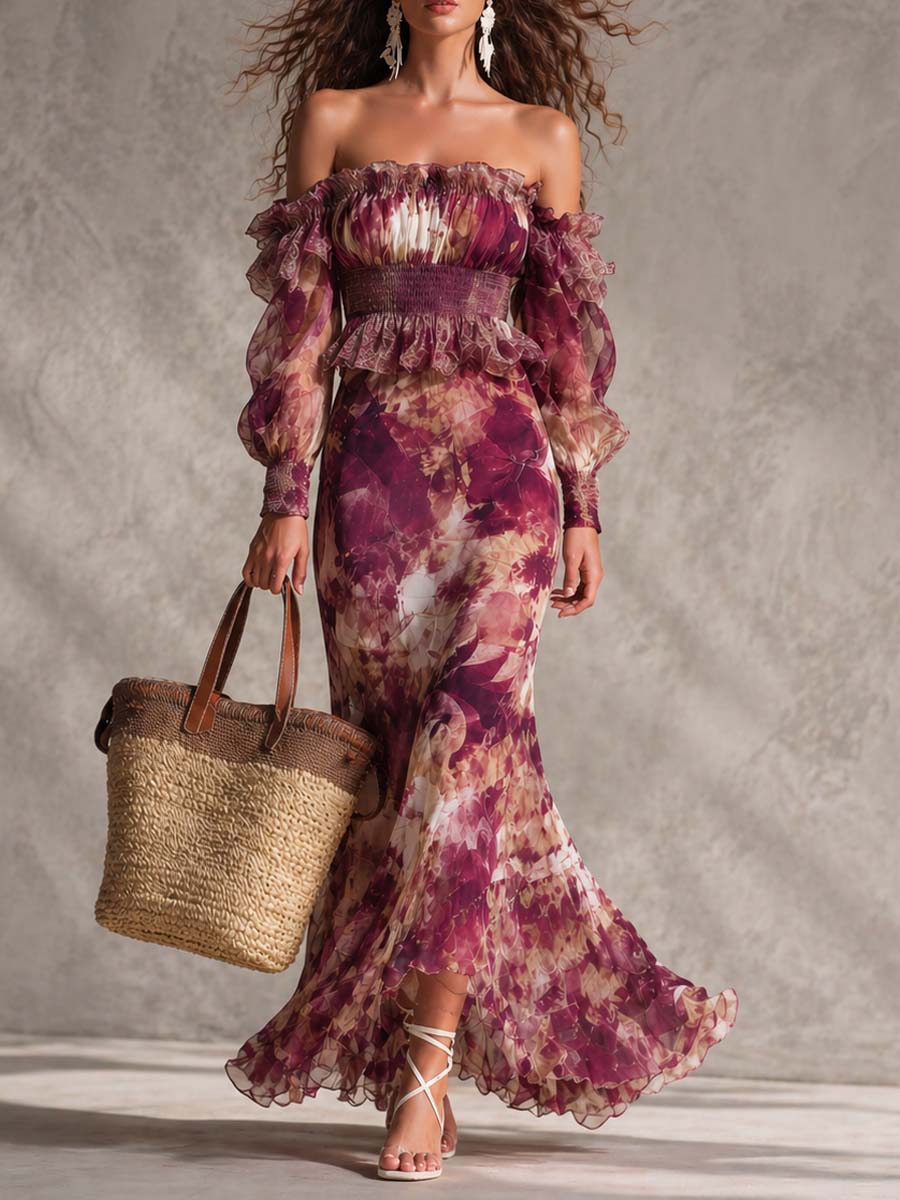 Rózsaszín Chiffon Maxi Ruha Nyitott Vállakkal