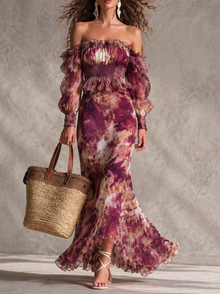 Rózsaszín Chiffon Maxi Ruha Nyitott Vállakkal