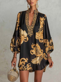 Abito Mini V-Neck Barocco Retro Fekete