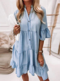 Egyszínű, Mosott Denim Midi Ruha Rövid Ujjakkal