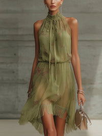 Zöld Szatén Övvel Ellátott Chiffon Mini Ruha