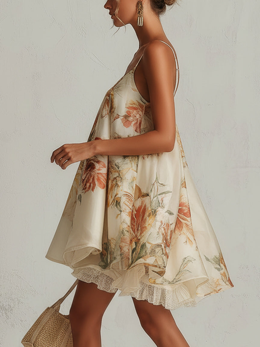 Beige virágmintás organza mini A-vonalú ruha csipkebordűrrel - Image 2