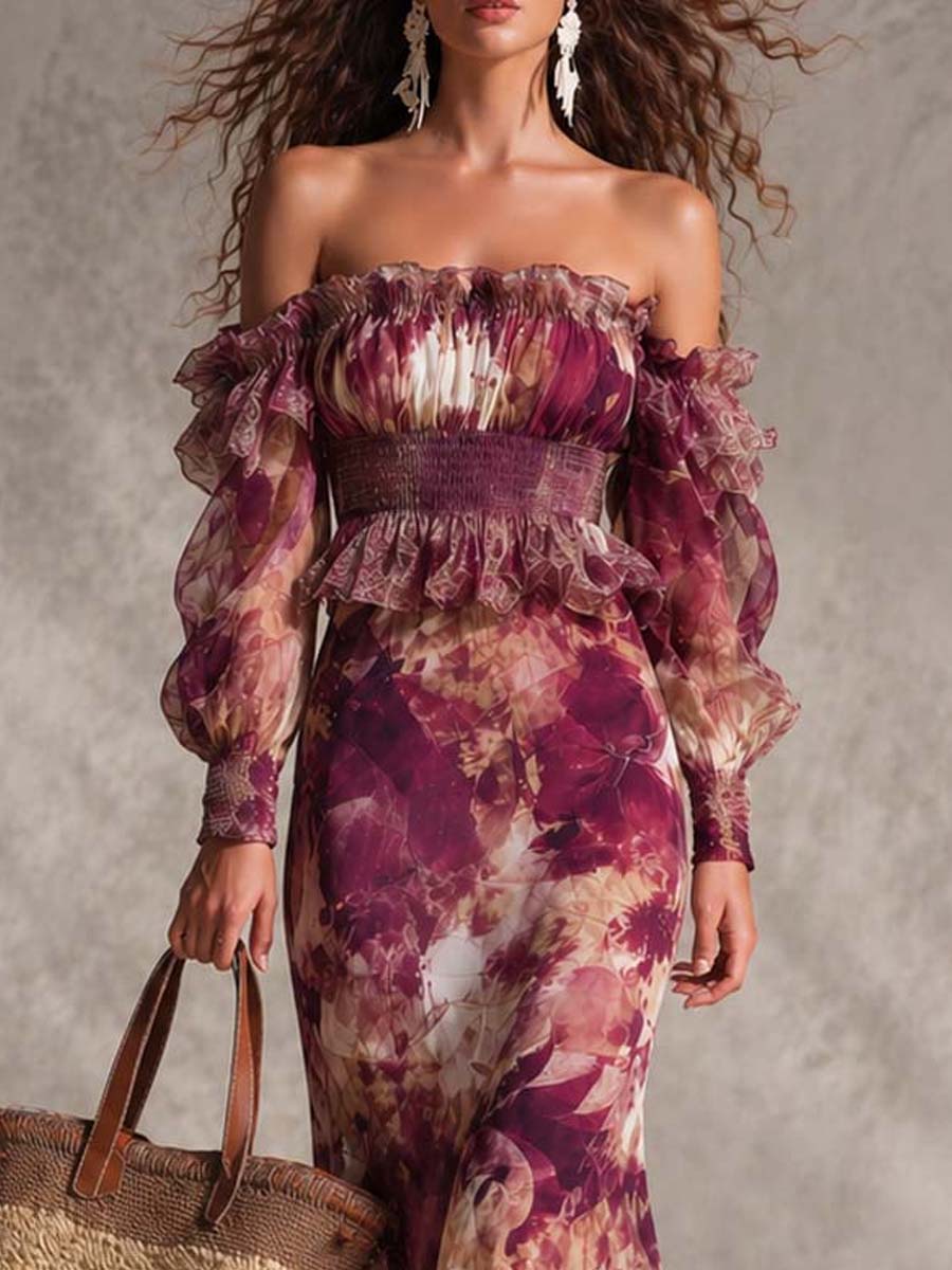 Rózsaszín Chiffon Maxi Ruha Nyitott Vállakkal