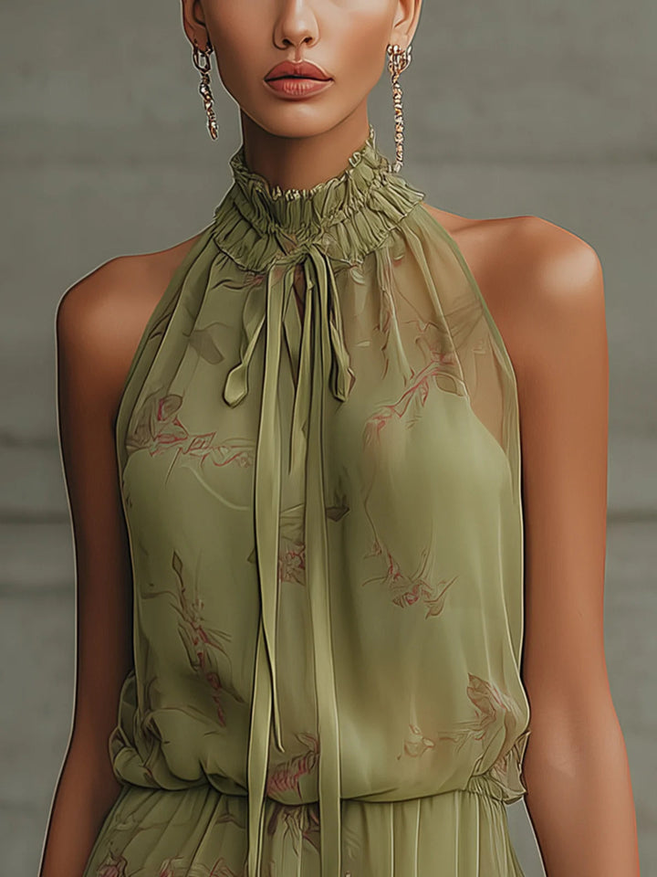 Zöld Szatén Övvel Ellátott Chiffon Mini Ruha - Image 2