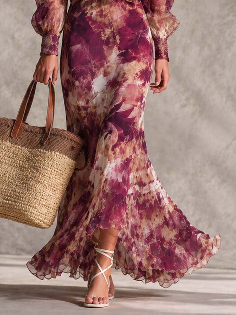 Rózsaszín Chiffon Maxi Ruha Virágokkal, Vállnélküli - Image 3