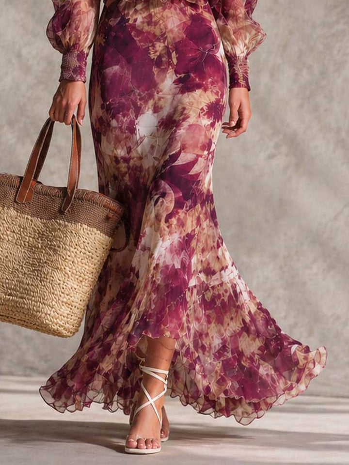 Rózsaszín Chiffon Maxi Ruha Virágokkal, Vállnélküli - Image 3