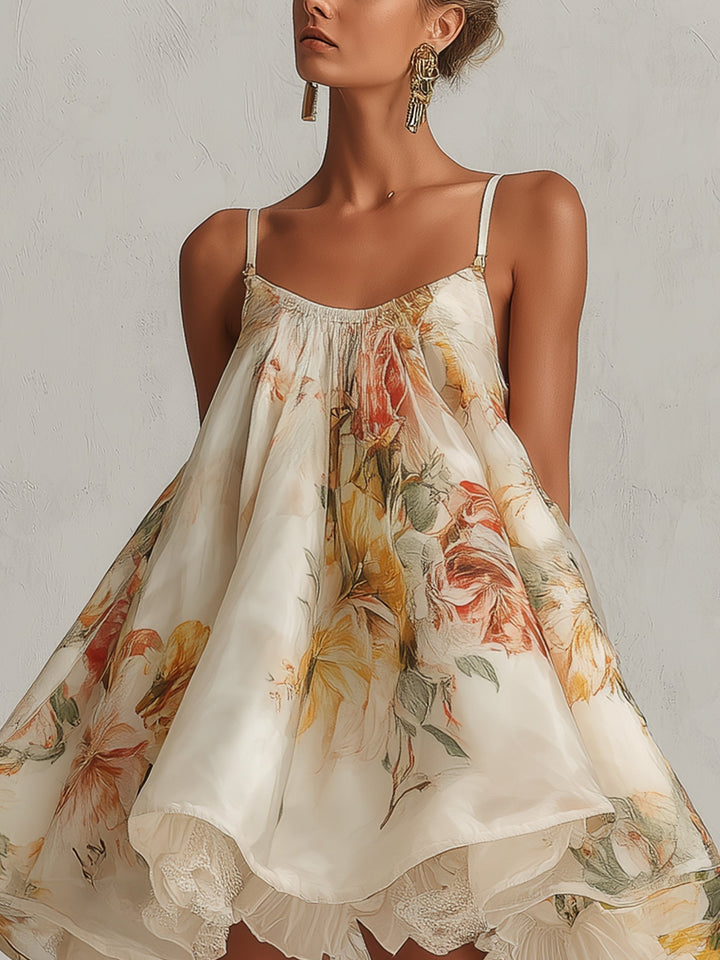 Beige virágmintás organza mini A-vonalú ruha csipkebordűrrel - Image 3