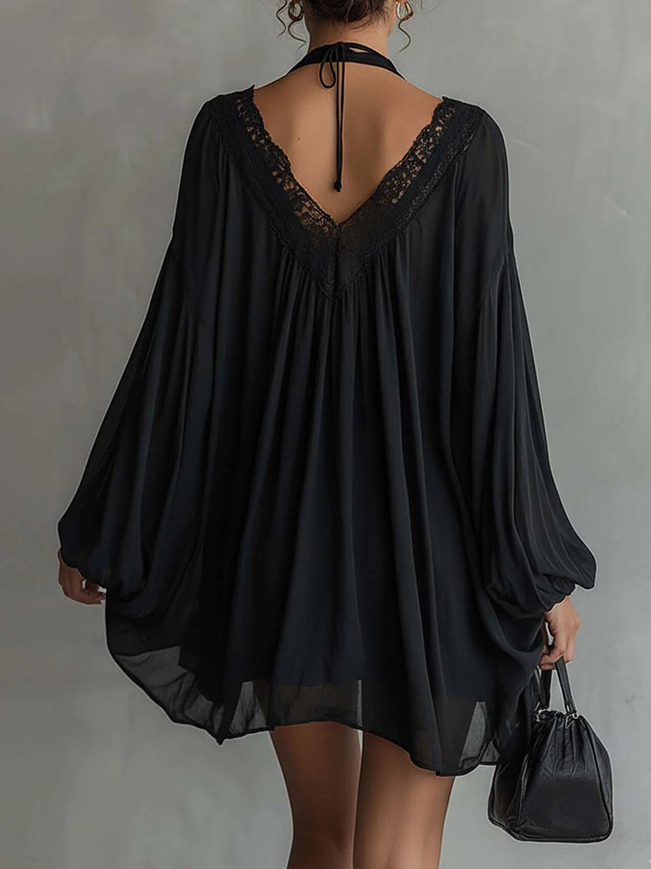 Fekete Chiffon Mini Halter Ruha Csipkegallérral - Image 2