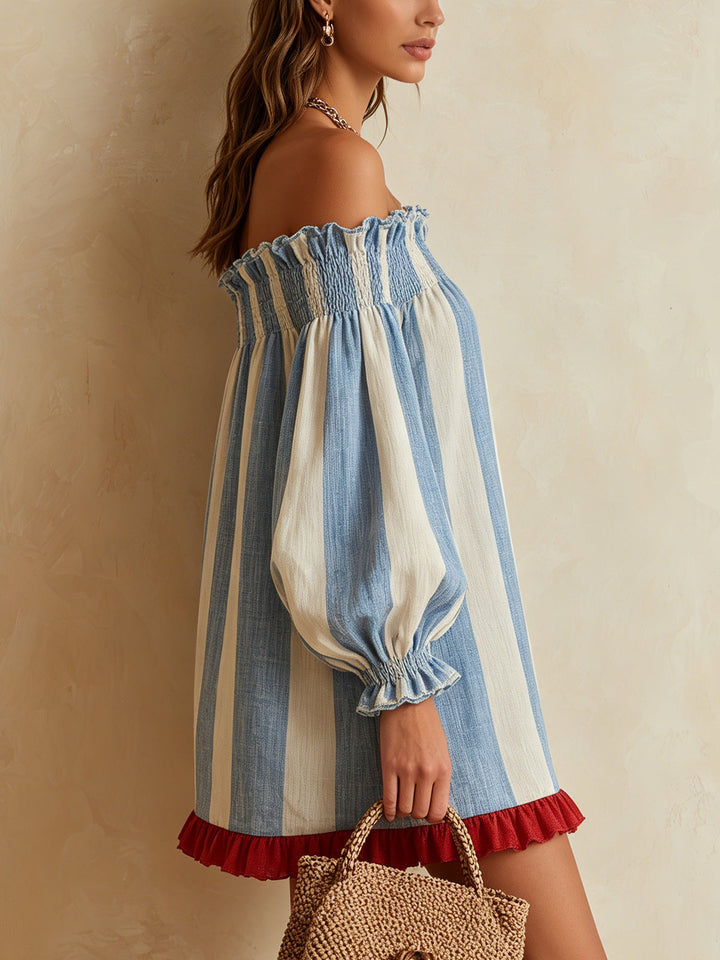 Kék és fehér csíkos mini ruha off-the-shoulder kivágással és kontrasztos szegéllyel - Image 4