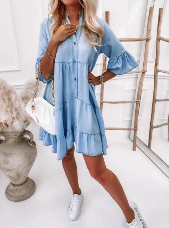 Egyszínű, Mosott Denim Midi Ruha Rövid Ujjakkal - Image 5
