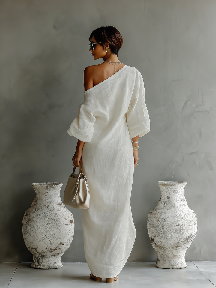 Elegant off-shoulder linen dress, flowing silhouette, perfect for summer. Back view, image 8 of 8.