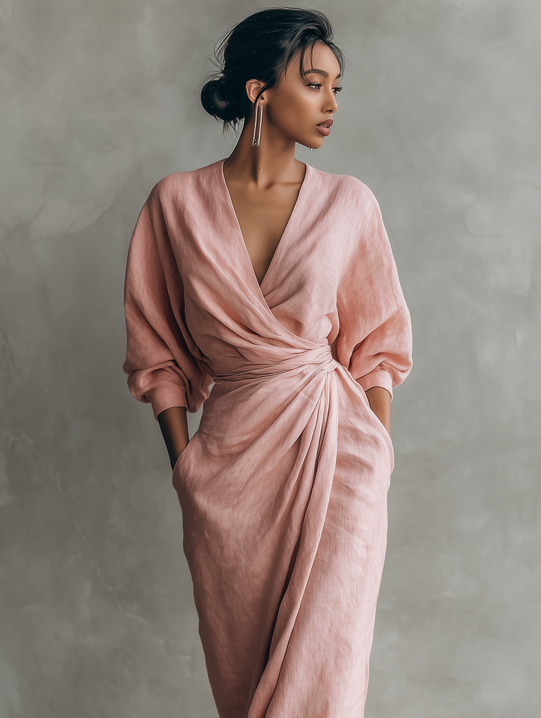 Maxi V-neck linen dress, women's fashion, image 6 of 7. Soft, breathable summer style.