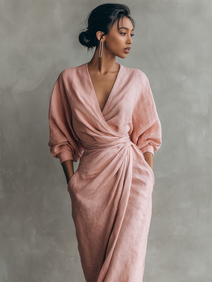 Maxi V-neck linen dress, women's fashion, image 6 of 7. Soft, breathable summer style.