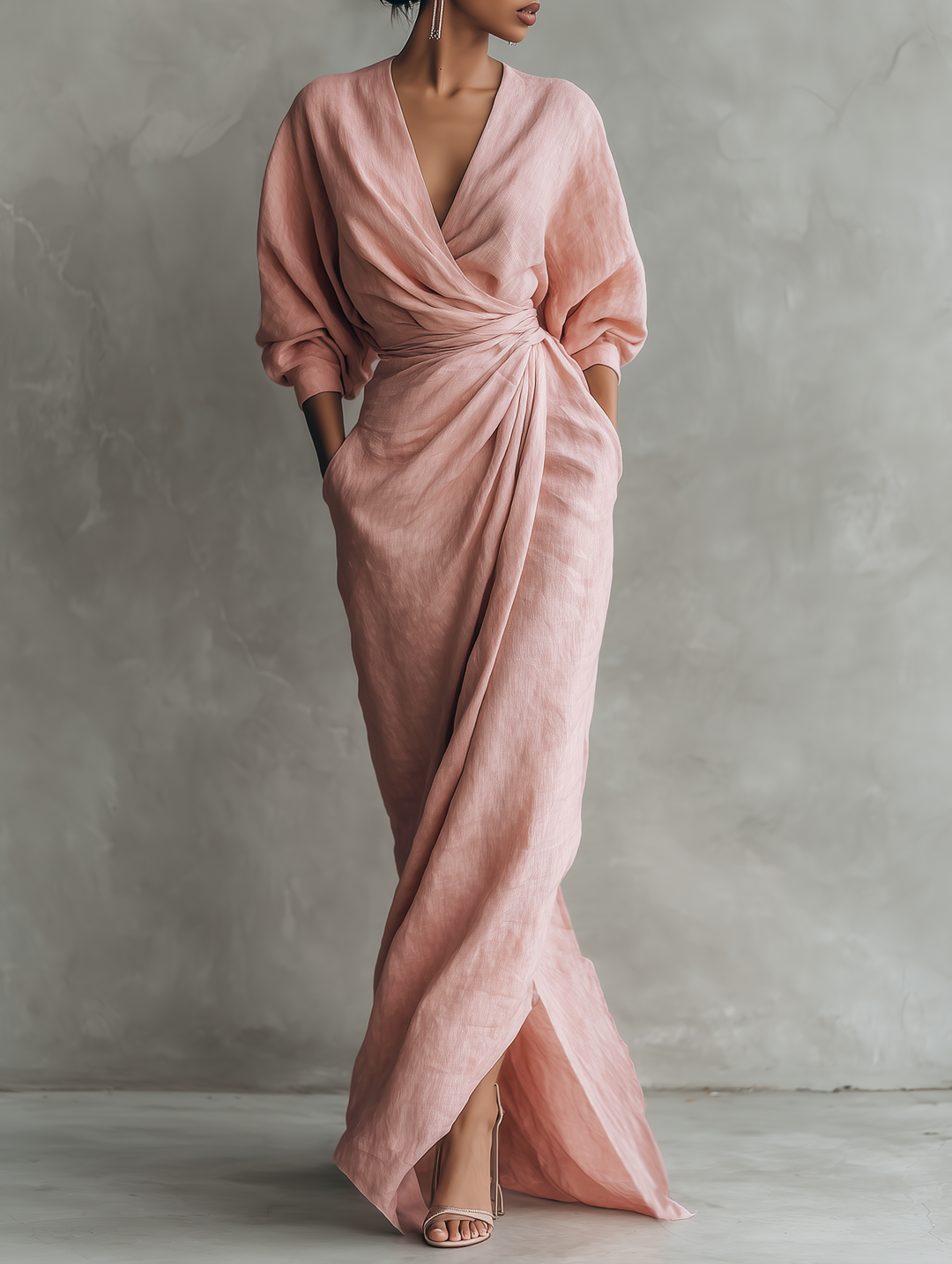 Maxi V-neck linen dress for women, natural fabric, image 1 of 7.