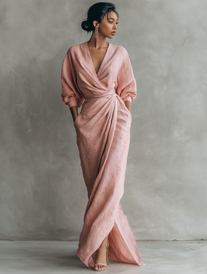 Women's Maxi V-Neck Linen Dress, style shot 5 of 7.