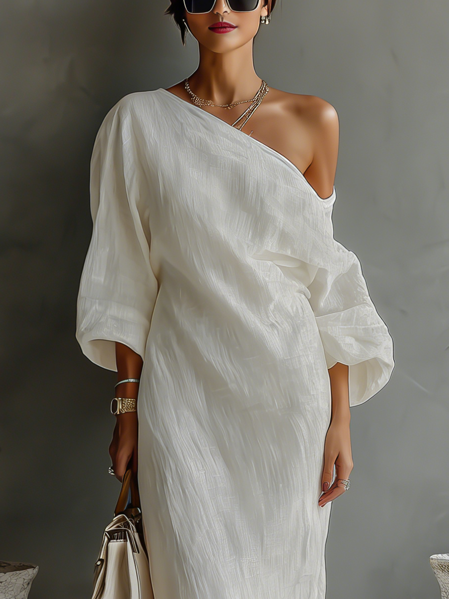 Elegant off-shoulder linen dress, flowy fit, cream color, perfect for summer. Image 5 of 8.