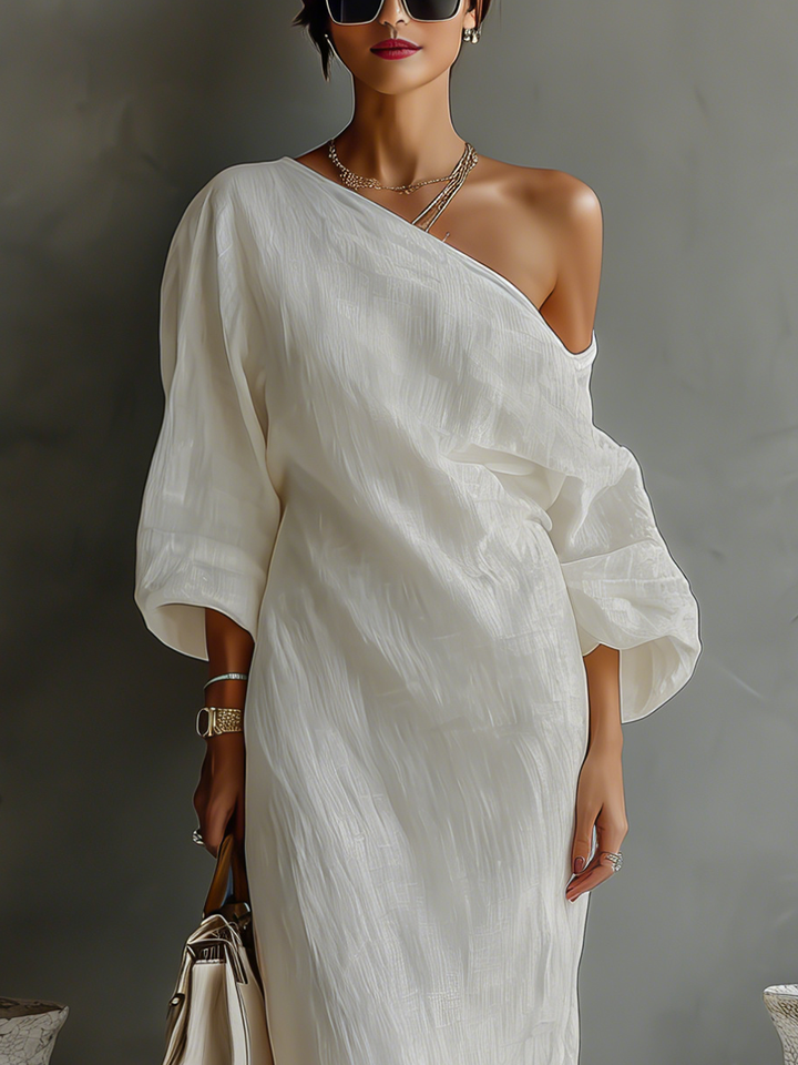 Elegant off-shoulder linen dress, flowy fit, cream color, perfect for summer. Image 5 of 8.