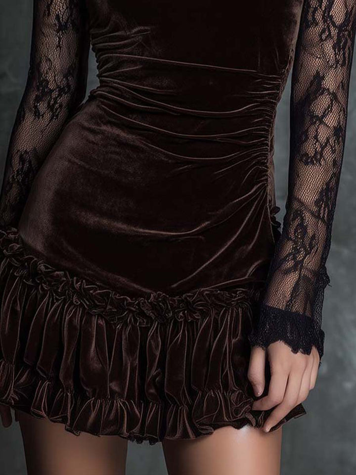 Csokoládé goth mini plissézős csipkés ruha - Image 3