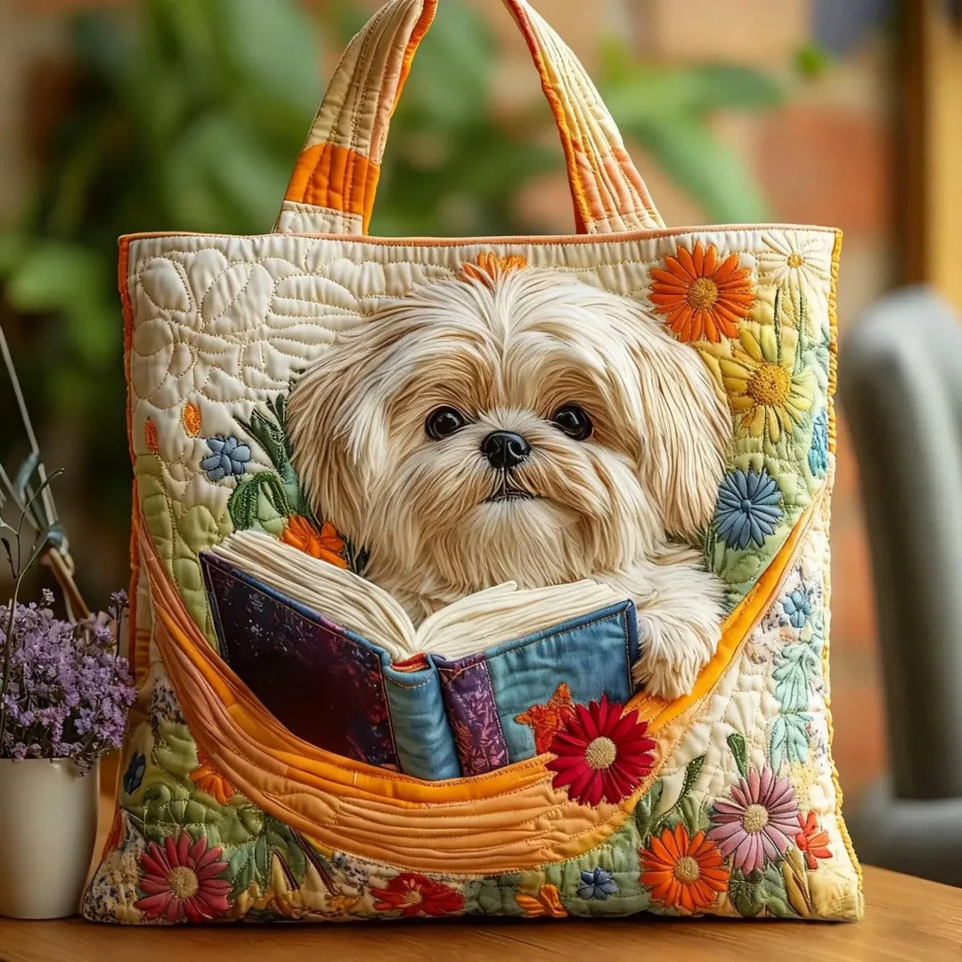 Borsa Artigianale Shih Tzu con Libri e Fiori - Image 1
