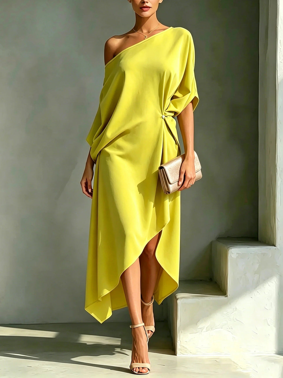 Camila elegant asymmetric dress for women, front view, model wearing.
