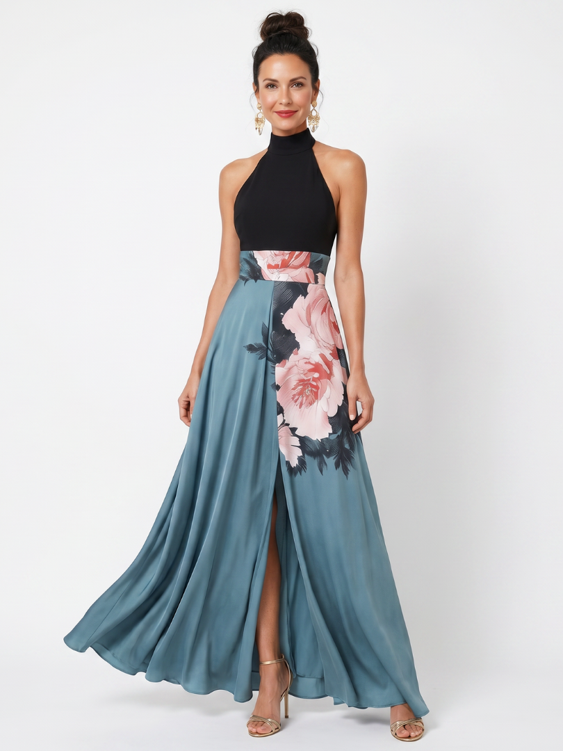 Olympas | Halter Bodice Virágmintás Maxi Ruha