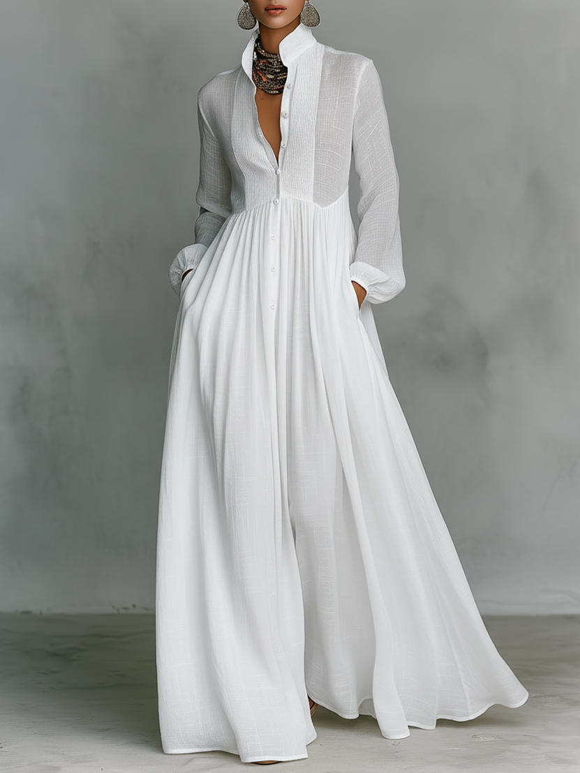 Patchwork linen maxi dress with stand collar, front view.