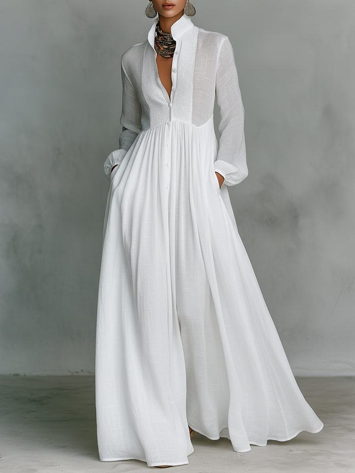 Patchwork linen maxi dress with stand collar, front view.