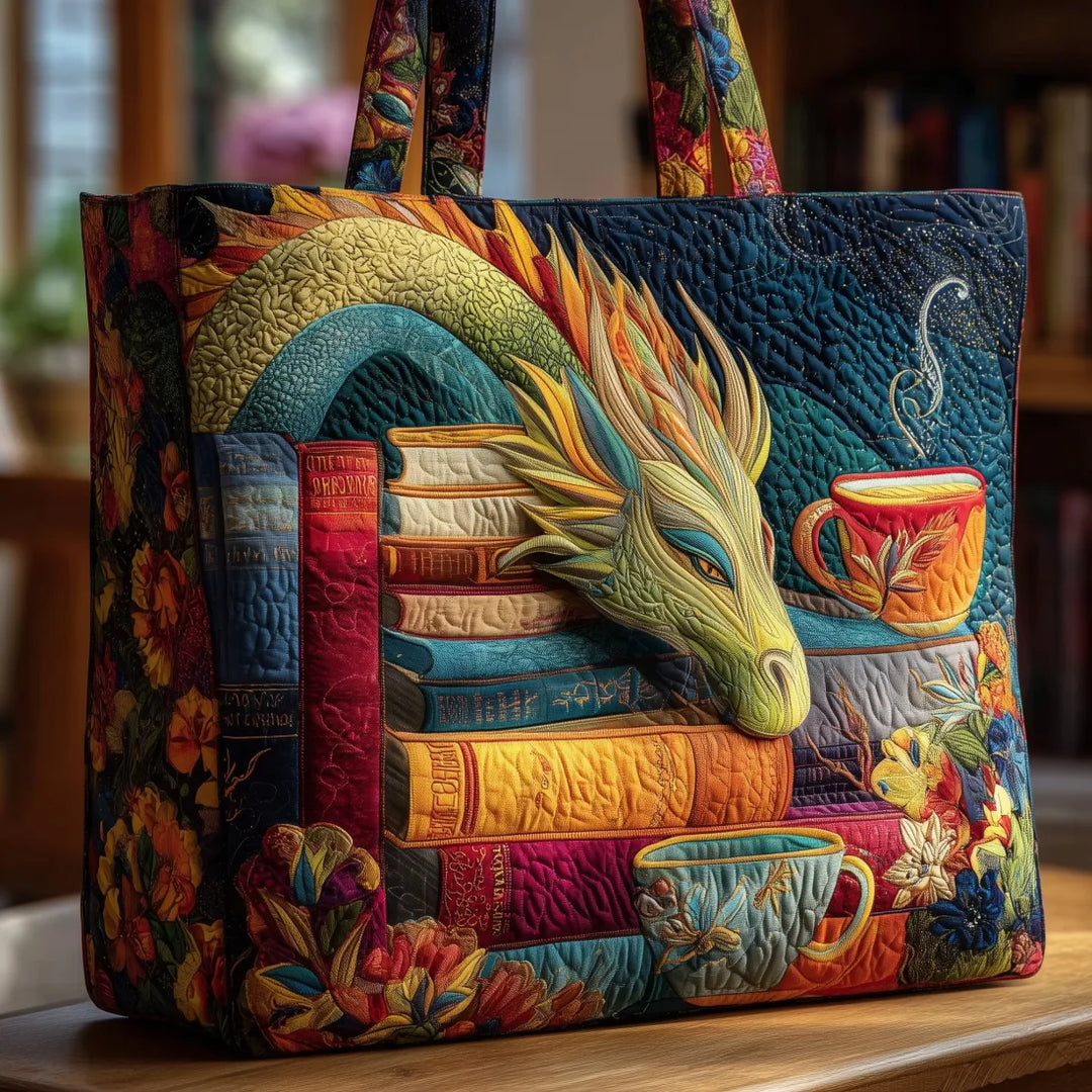 Borsa a Spalla Artigianale Drago con Libri e Tazze - Image 1