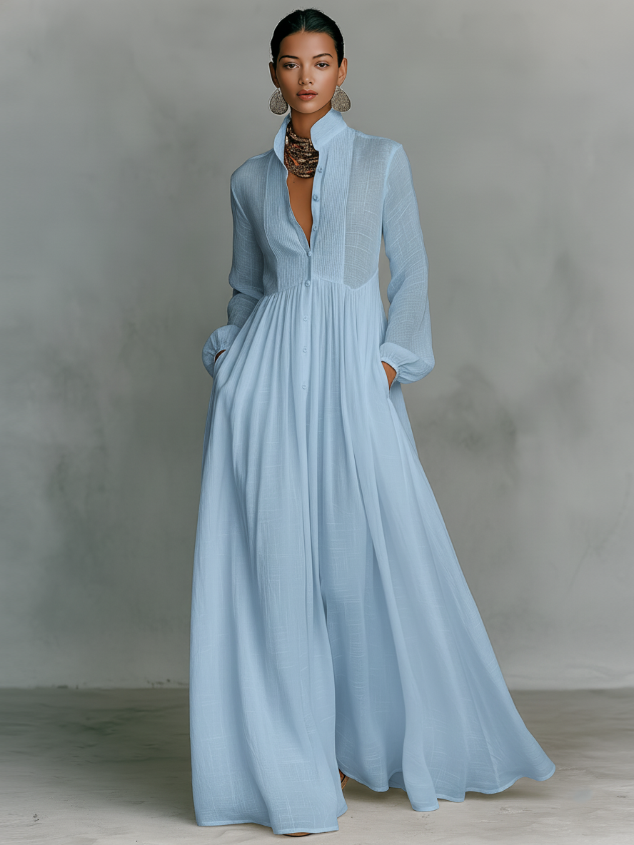 Patchwork linen maxi dress with stand collar, bohemian style. Image 5 of 7.
