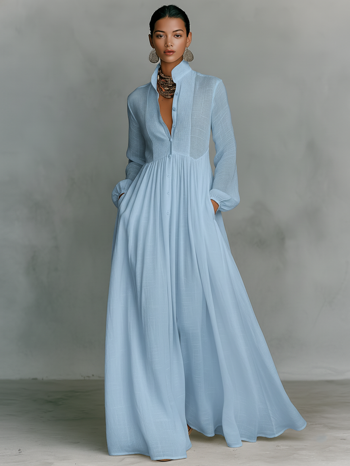 Patchwork linen maxi dress with stand collar, bohemian style. Image 5 of 7.