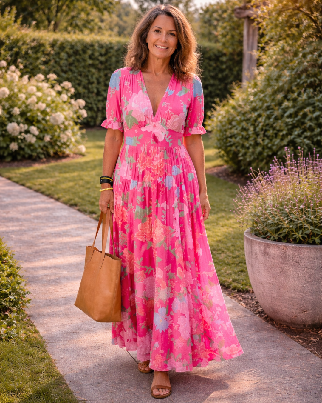 Ione | Kurzes ärmelloses V-Ausschnitt Blumen-Midi-Kleid - Image 1
