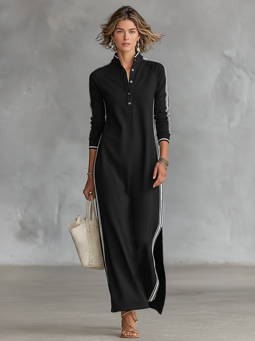 Maxi sweatshirt dress with button collar, back view, image 8 of 8.