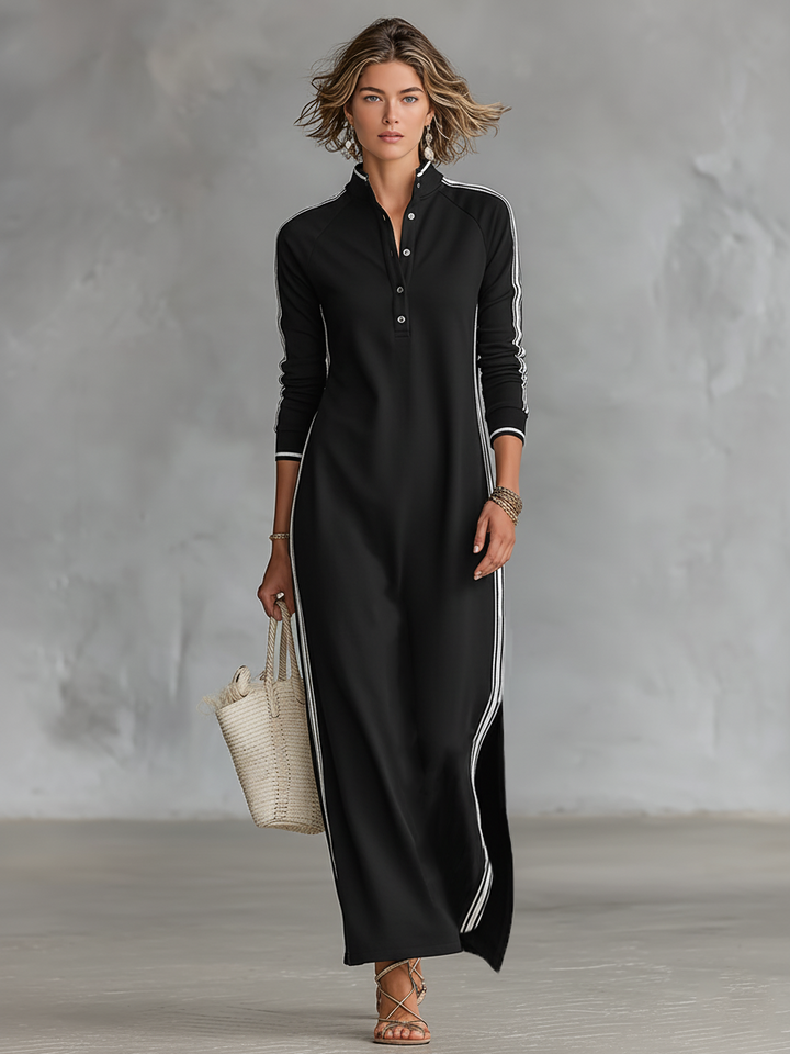 Maxi sweatshirt dress with button collar, back view, image 8 of 8.