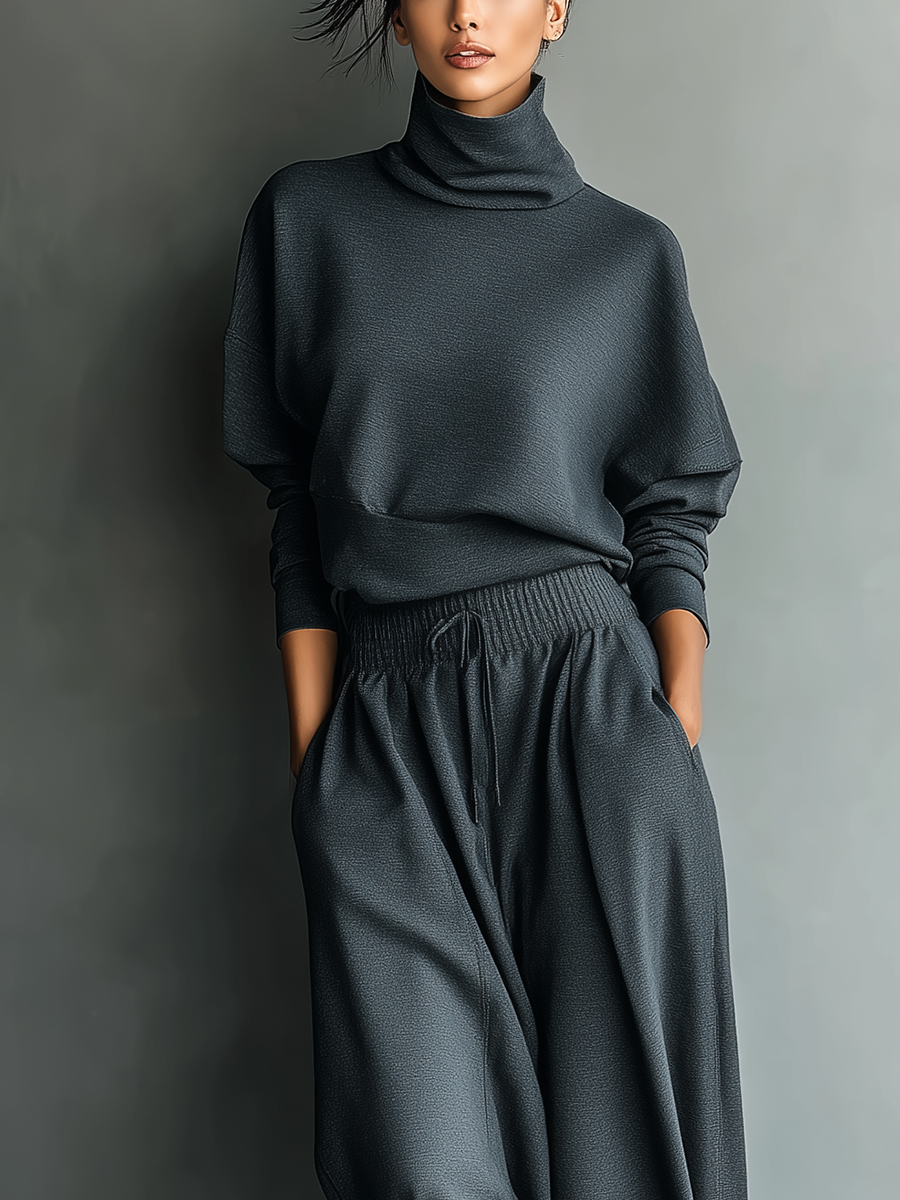 Women's knit wide leg pants set, cozy loungewear outfit, front view.