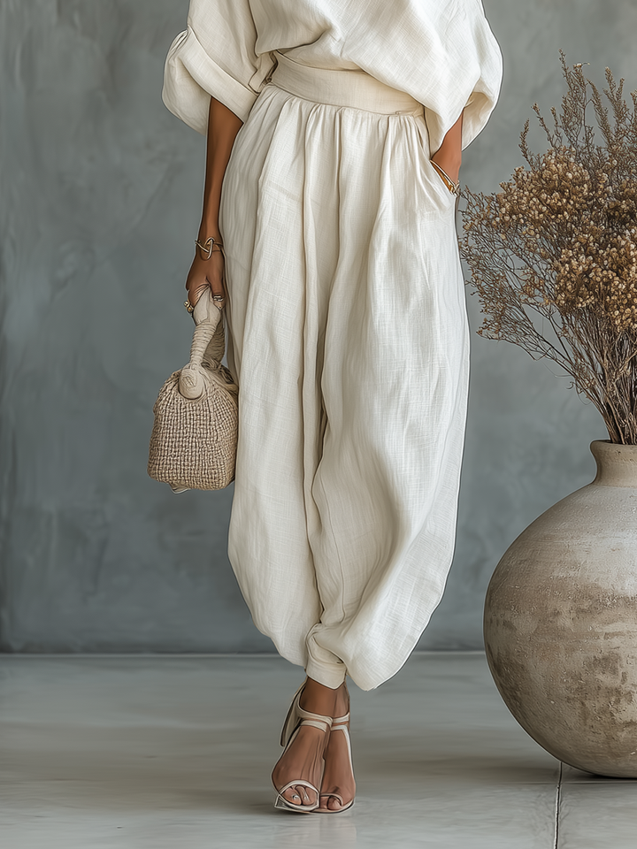 Women's linen off-shoulder top and wide-leg pants set, beige, resort wear, product shot 4 of 5.