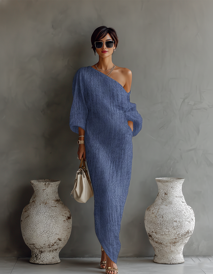 Elegant off-shoulder linen dress, flowy and stylish, for women. Image 3 of 8.