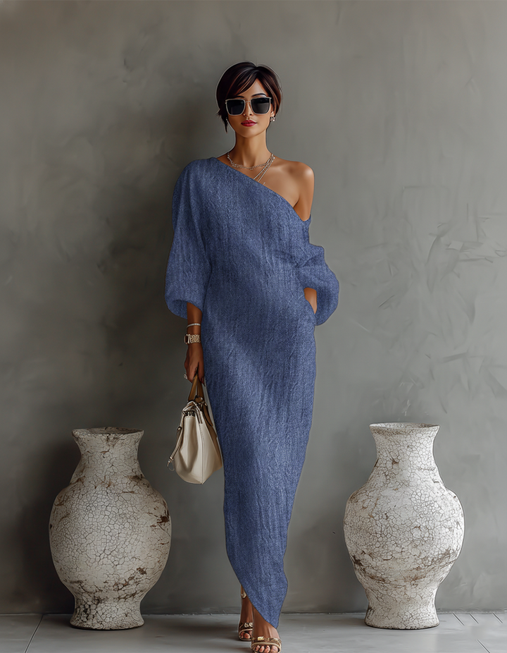 Elegant off-shoulder linen dress, flowy and stylish, for women. Image 3 of 8.