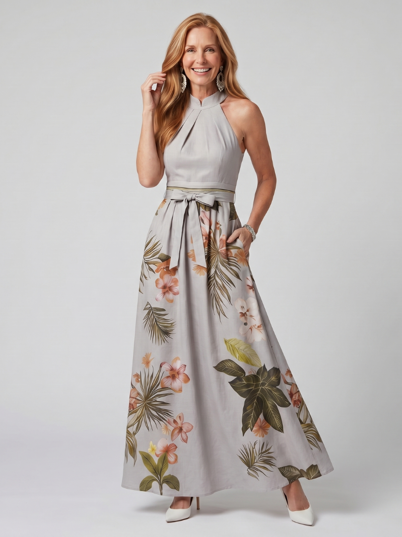 Mező | Draped Halter Botanikai Panel Maxi Ruha