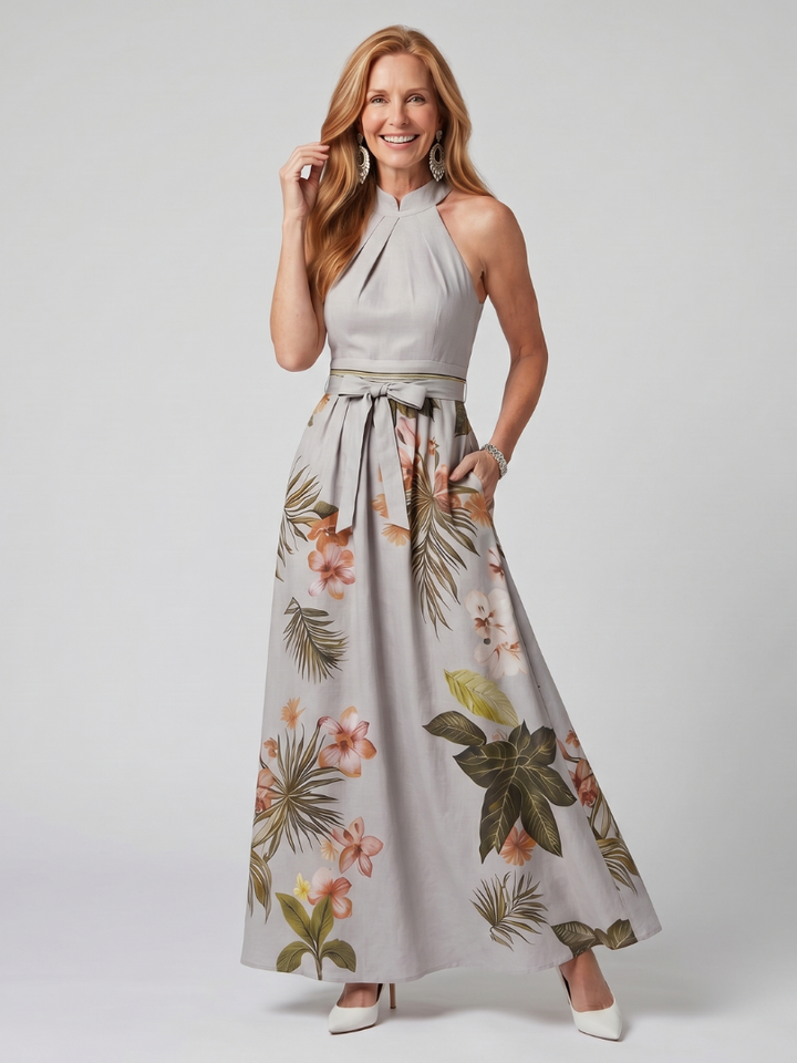 Mező | Draped Halter Botanikai Panel Maxi Ruha