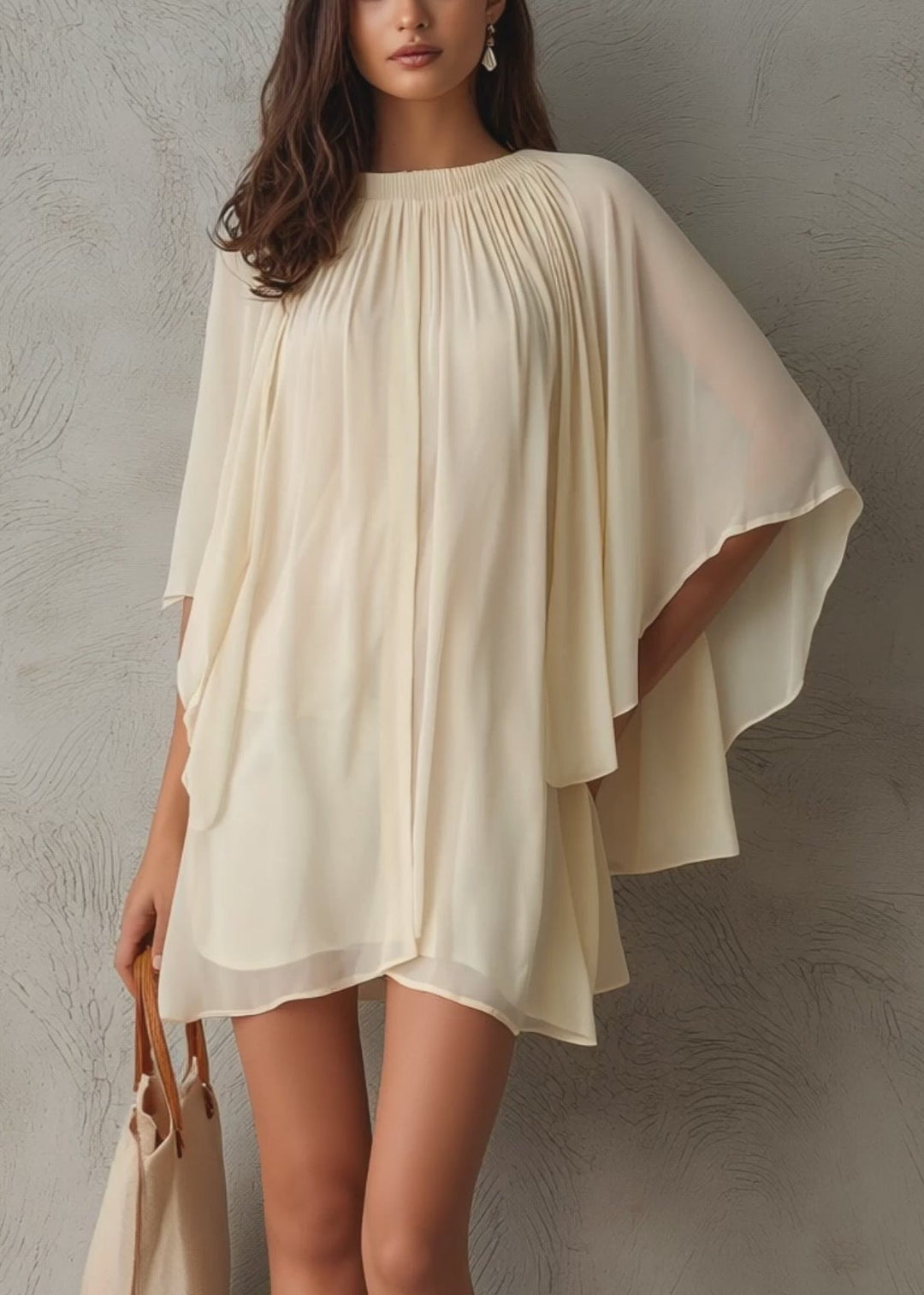 Beige Chiffon Mini Ruha Kapucnis Ujjakkal Nőknek - Image 4