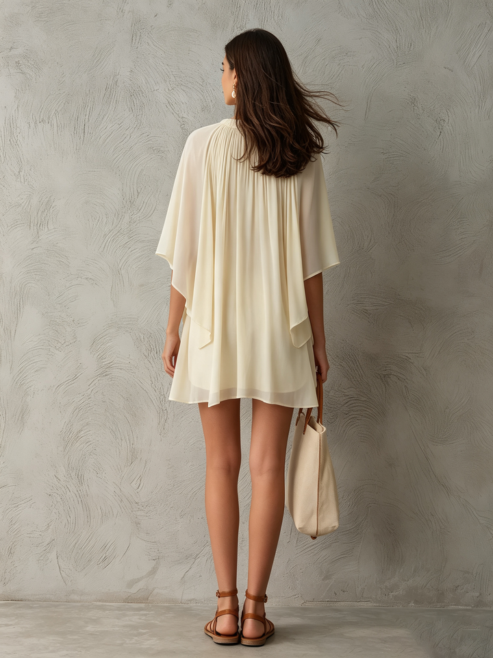 Beige Chiffon Mini Ruha Kapucnis Ujjakkal Nőknek - Image 3