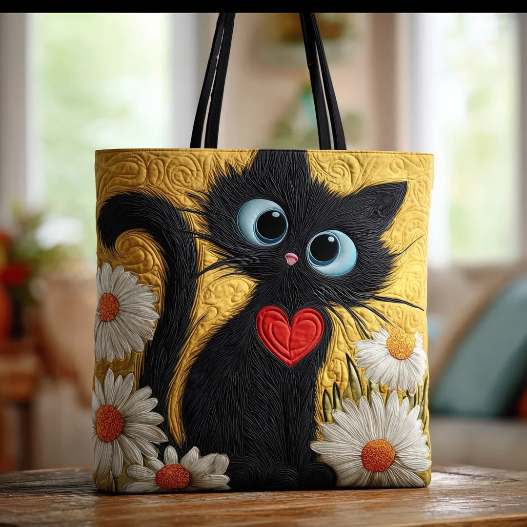 Borsa Artigianale Gatto Nero con Cuore e Margherite - Image 1