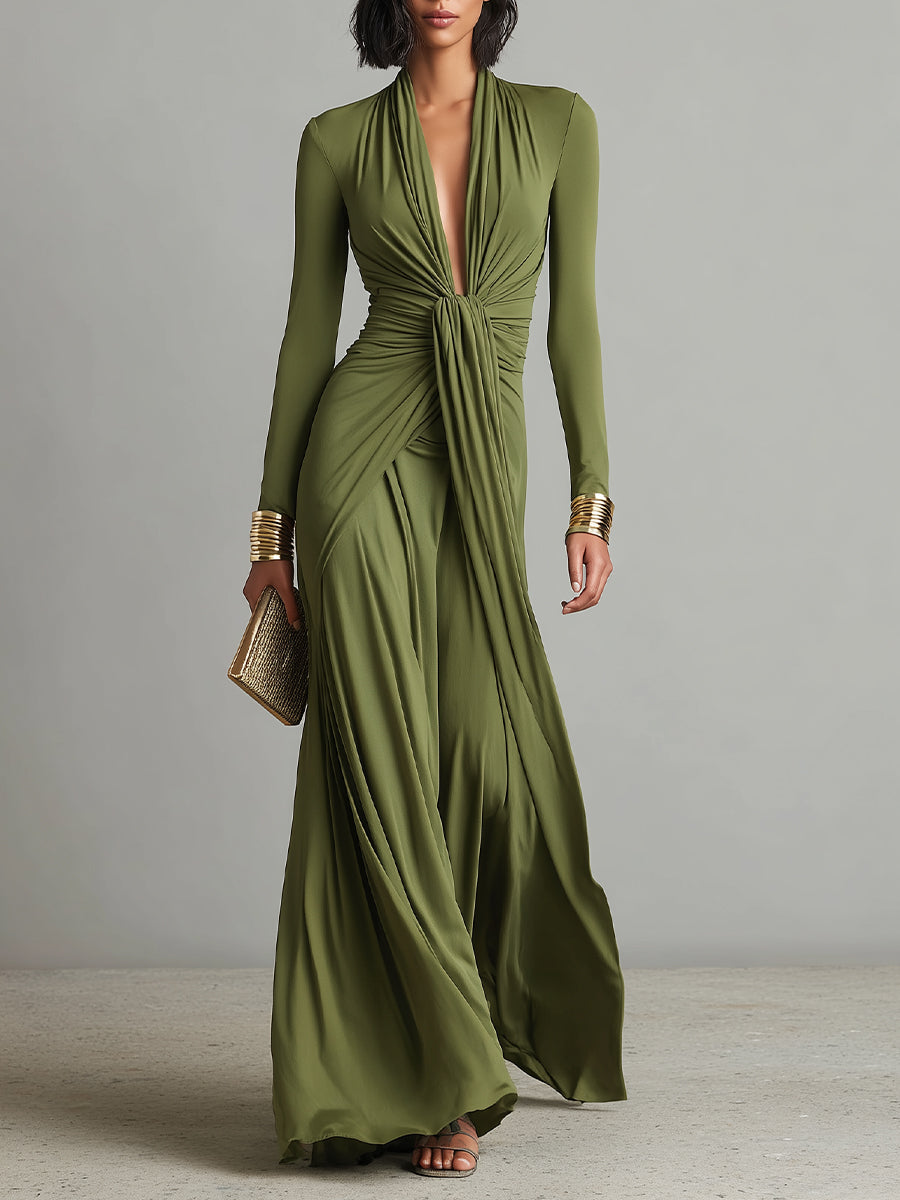 Image 1: Elegant silk V-neck maxi dress for women, perfect summer style.