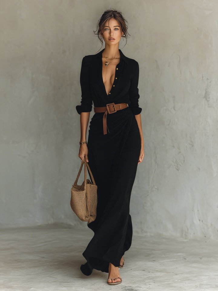 Elegant black maxi dress with long sleeves and revers collar, flowing fabric. Product image 7 of 7.