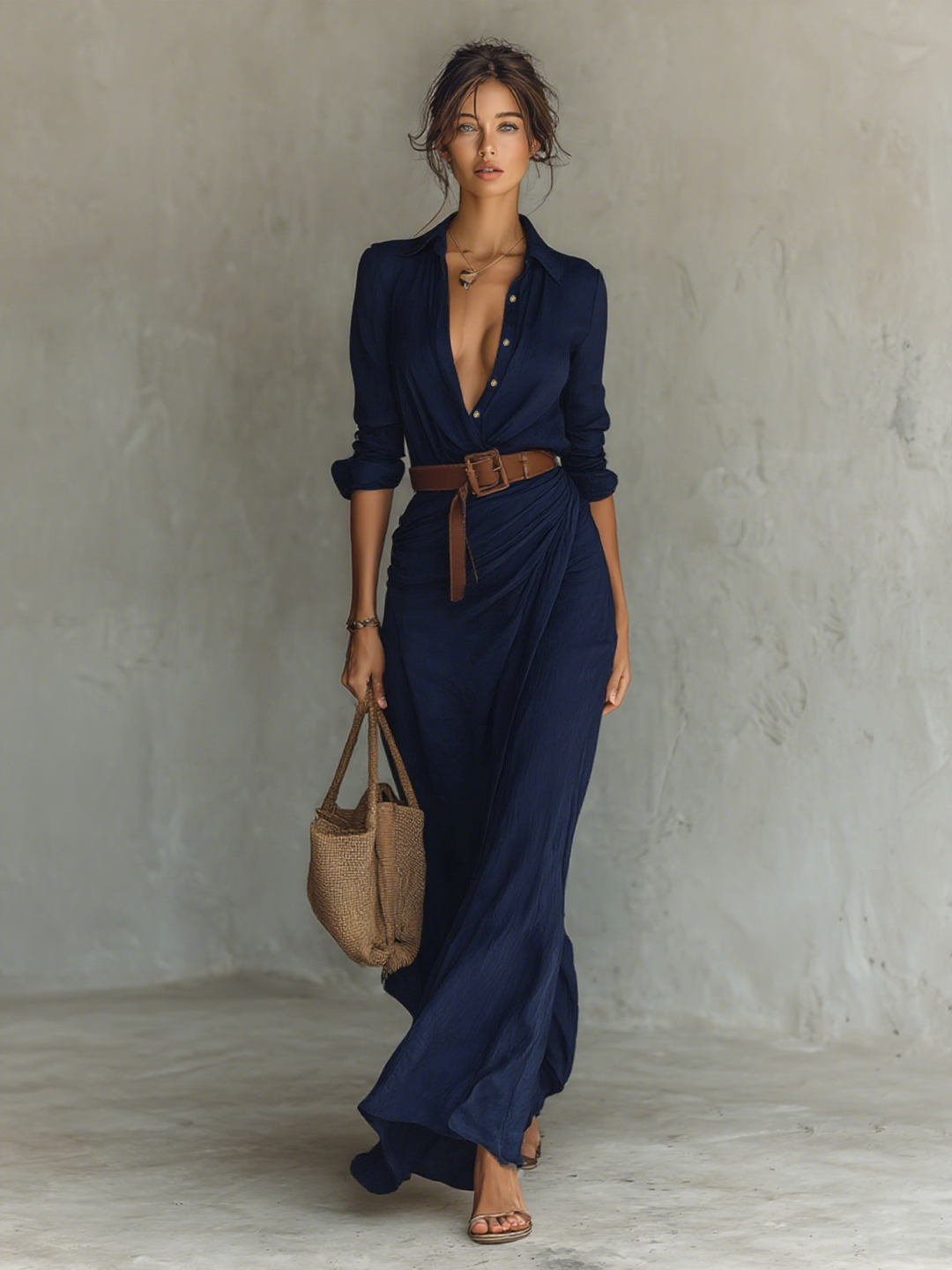 Elegant flowy maxi dress with long sleeves and revers collar, perfect for sophisticated style. Product image 5 of 7.
