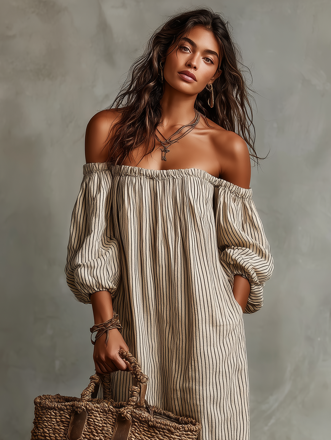 Carmen | Hosszú pamut és len ruha off-the-shoulder dizájnnal